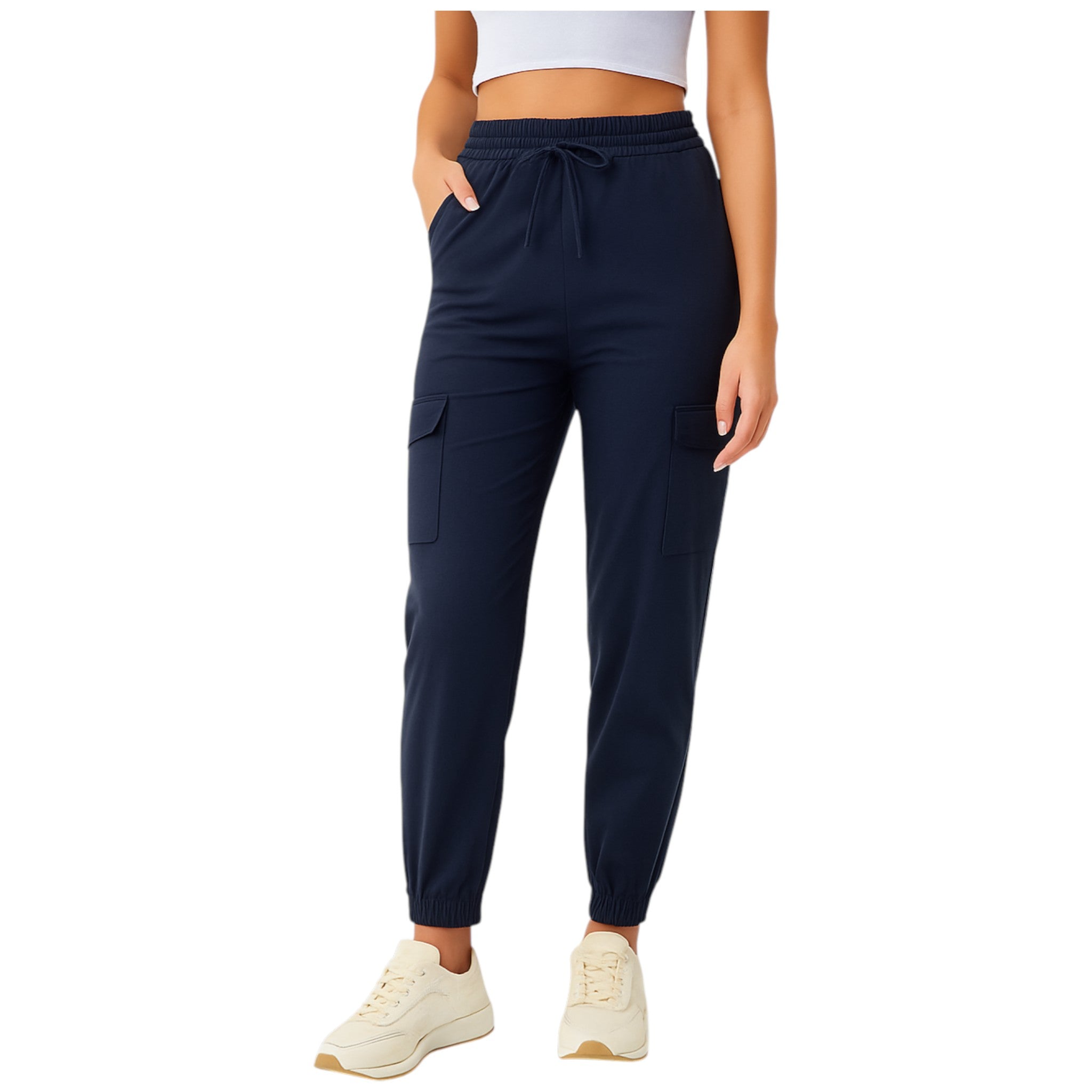 Ladies high quality stretch cargo trousers in navy blue with elastic waistband, drawstring tie, and side pockets